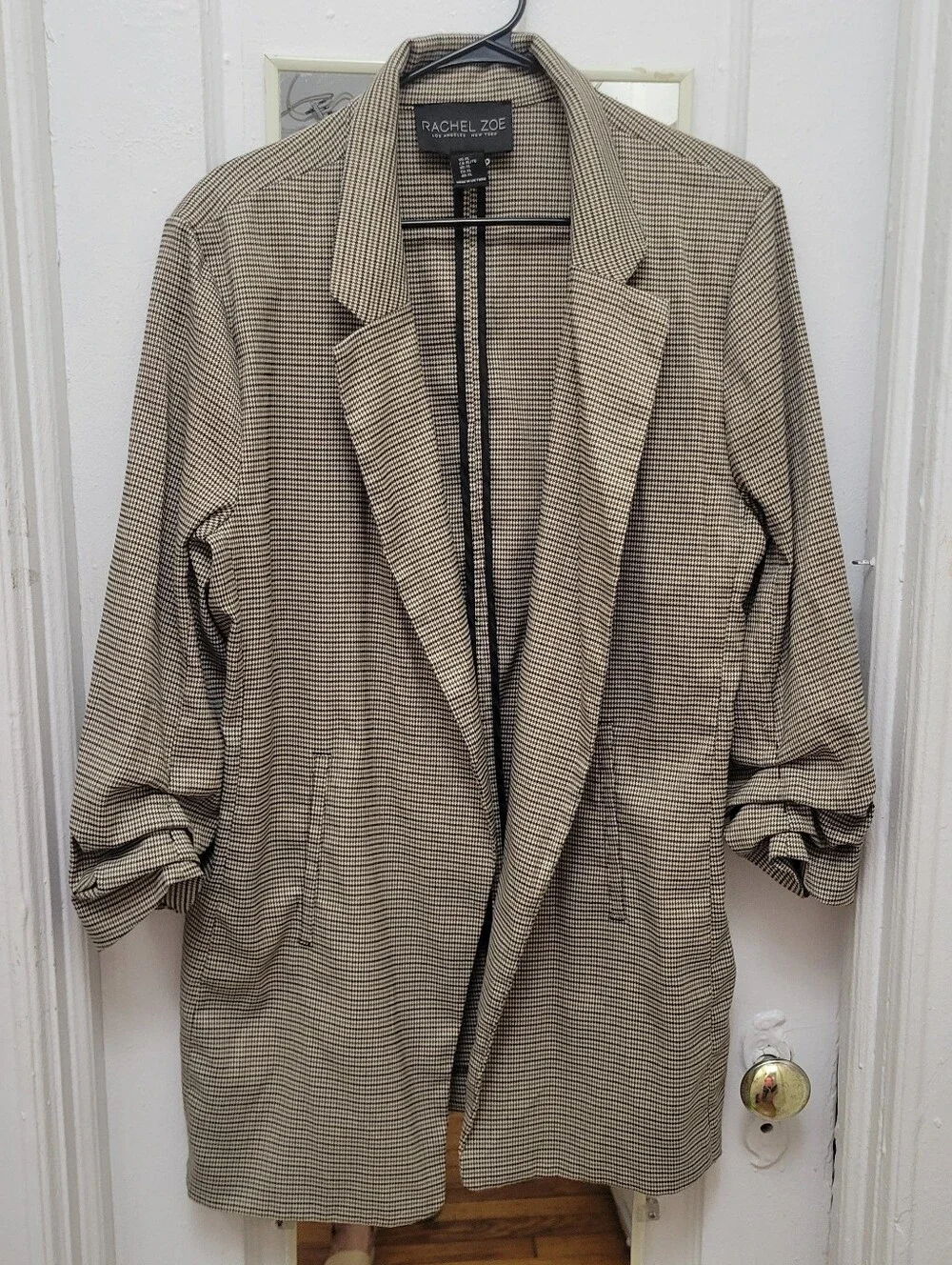 Rachel Zoe Tan Houndstooth Trench Blazer EUC Office Career‎ Preppy